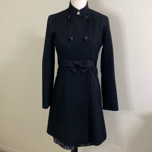 Banana‎ Republic black ribbed Long Coat Bow At Waist Small - Picture 1 of 5
